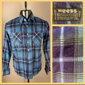 1970s Weeds Blue Plaid Button Down Flannel Shirt - Large